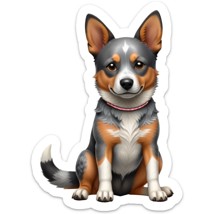 cinematic-[australian catle dog]-realistic-full-body-sitting-emoji,-tail-resting-loosely-beside-its-paws,-head-tilted-dramatically,-sleek-[australian cattle dog]-fur,-simplified-yet-realistic-focused-features,-highly-detailed,-glowing-with-an-almost-sarcastic-glow sticker