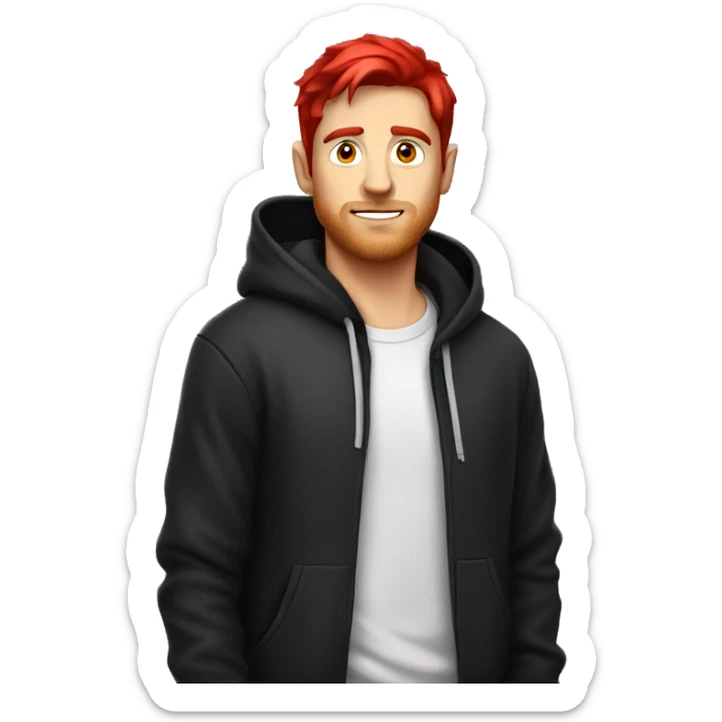 White guy with black and red hair with red glass and black hoodie sticker