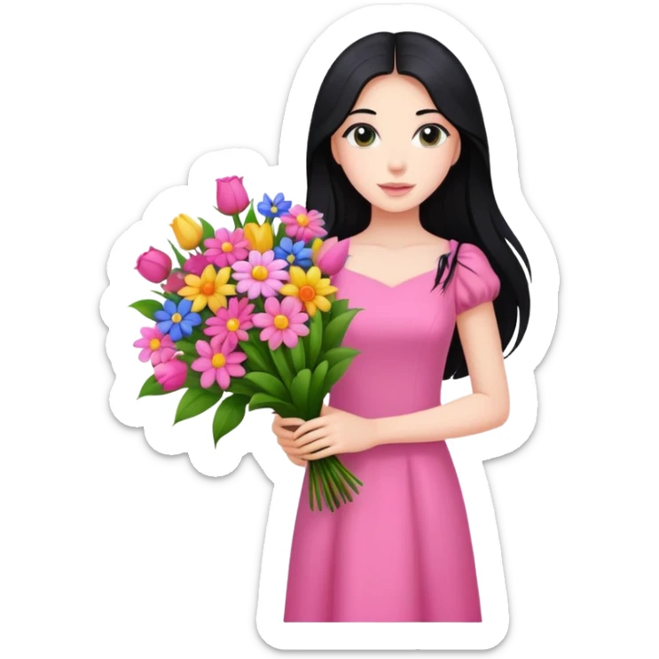 beautiful girl with long black hair, fair skin, wearing pink dress holding a colorful bouquet of flowers sticker