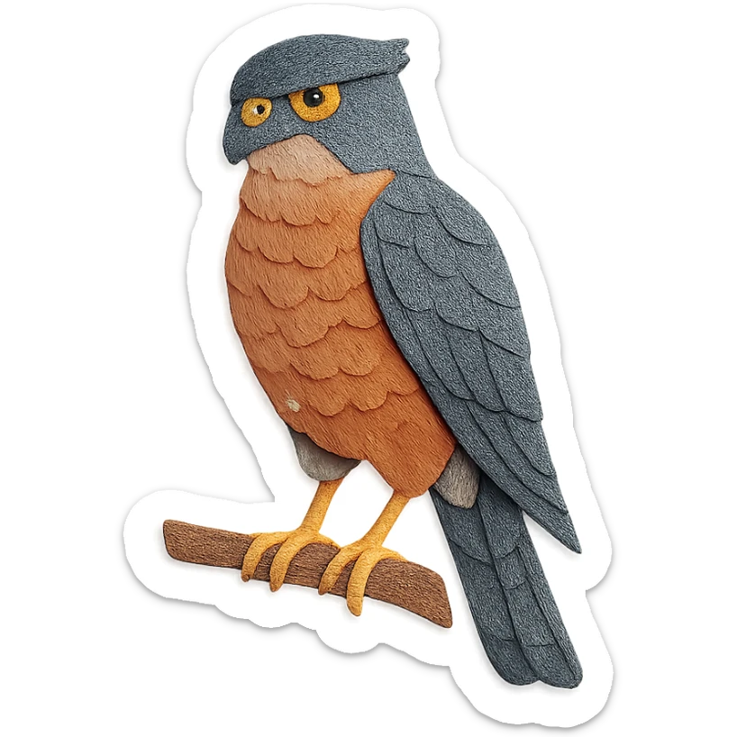 close-up of a Cooper’s Hawk perched on a branch, fine paper edges, intense gaze, slate gray and reddish feather patterns sticker