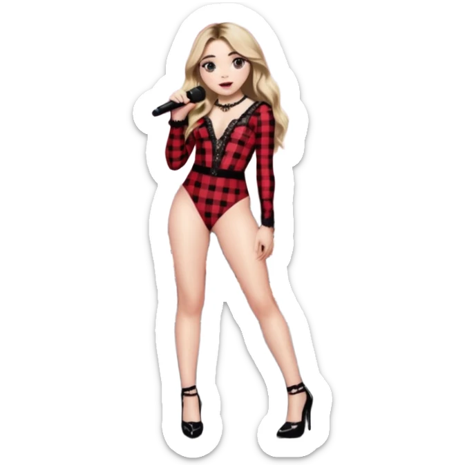 Sabrina carpenter singing at concert wearing a black and red plaid bodysuit a red sheer top over it , a strip of black lace around her leg, black sparkle heels. there is a  huge crowd and light pink stage setting  sticker