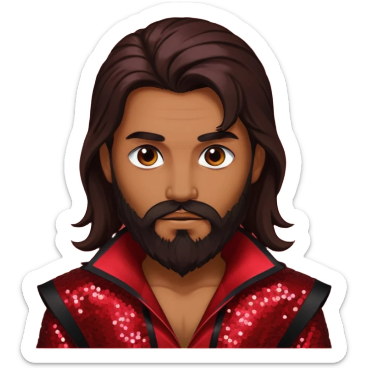 Samael, Poison of God from Gods and Goddesses with tan skin, long dark brown and beard, dark red sequin outfit sticker