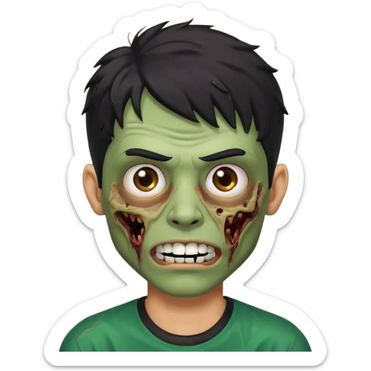 zombi emoji man with a fringe wavy medium black hair, mouth with a white teeth, nose, eyes brown, brown eyebrow, green skin, black shirt sticker