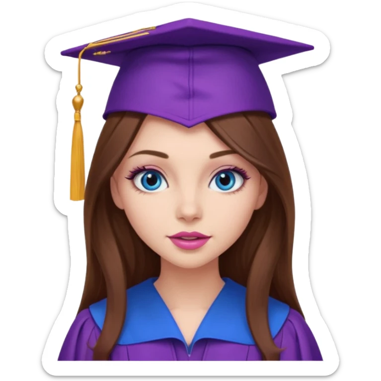 girl with gorgeous long brown hair, blue eyes, long lashes makeup, sexy pink lips, wearing a purple graduation cap and gown sticker