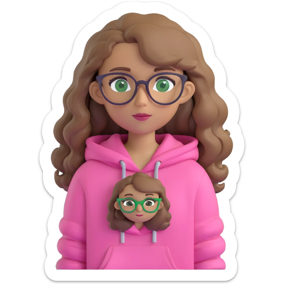 cartoon girl, dark blonde wavy hair, green eyes, pink hoodie, brown glasses sticker