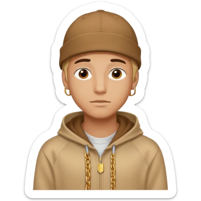 {
  "type": "human",
  "look": "male, tan hoodie, brown cap, gold jewelry, calm face, front view",
  "description": "a young man wearing a hoodie and cap, looking relaxed and confident"
} sticker