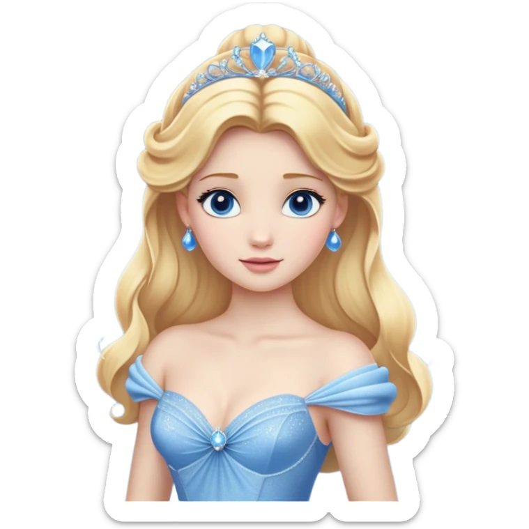 Cinematic Realistic Cute Cinderella Portrait, featuring fair, luminous skin with finely detailed texture and softly lit golden-blonde hair cascading in gentle waves. Her warm, inviting blue eyes sparkle with youthful charm and curiosity, while her classic, elegantly draped ball gown reveals meticulously rendered fabric details and natural folds. The overall composition is bathed in a gentle, realistic radiance that exudes both playfulness and heartfelt beauty. sticker