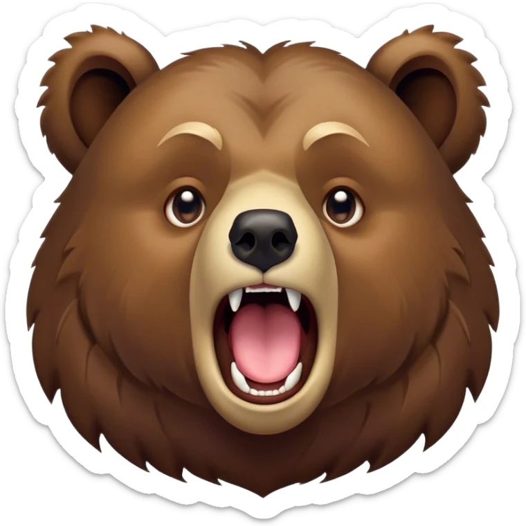 Cinematic Cute Yawning Grizzly Bear Portrait Emoji, Head tilted slightly with a dramatic, wide-open yawn, showcasing a thick, rugged deep brown fur with drooping ears, round eyes barely open in drowsy contentment, Simplified yet irresistibly adorable features, highly detailed, glowing with a soft, cozy glow, high shine, relaxed yet expressive, stylized with a touch of wild whimsy, bright and endearing, soft glowing outline, capturing the essence of a sleepy yet affectionate grizzly, so drowsy it feels like it could stretch out of the screen and curl up for a nap! sticker
