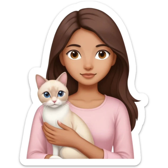 a north-east indian girl with long brown hair wearing a soft pink top holding a white siamese cat sticker