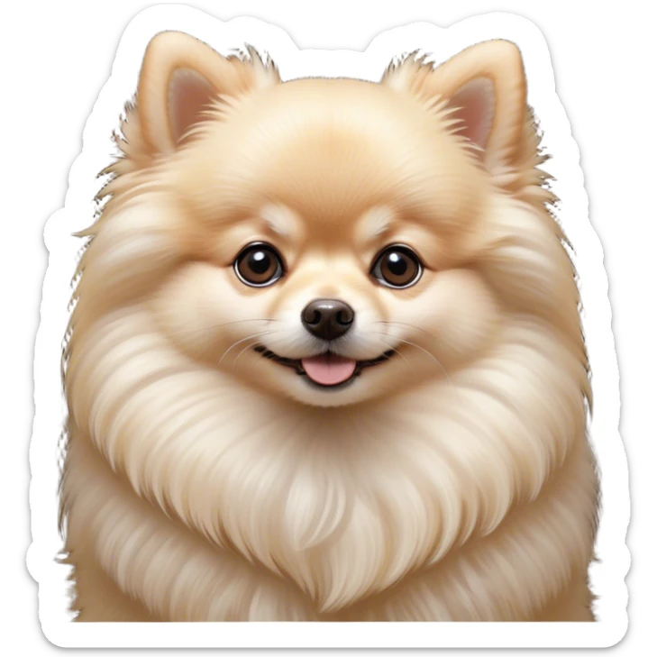 Cinematic Cute Cream Pomeranian Portrait Emoji, Head tilted playfully and inquisitively, featuring a luxurious, fluffy cream Fur with a natural sheen, round, sparkling dark eyes filled with curiosity, Simplified yet irresistibly adorable features, highly detailed, glowing with a warm, friendly glow, high shine, affectionate and lively, stylized with a touch of whimsy, bright and endearing, soft glowing outline, capturing the essence of a mischievous yet loving pup, so playful it feels like it could scamper out of the screen and into your arms! sticker