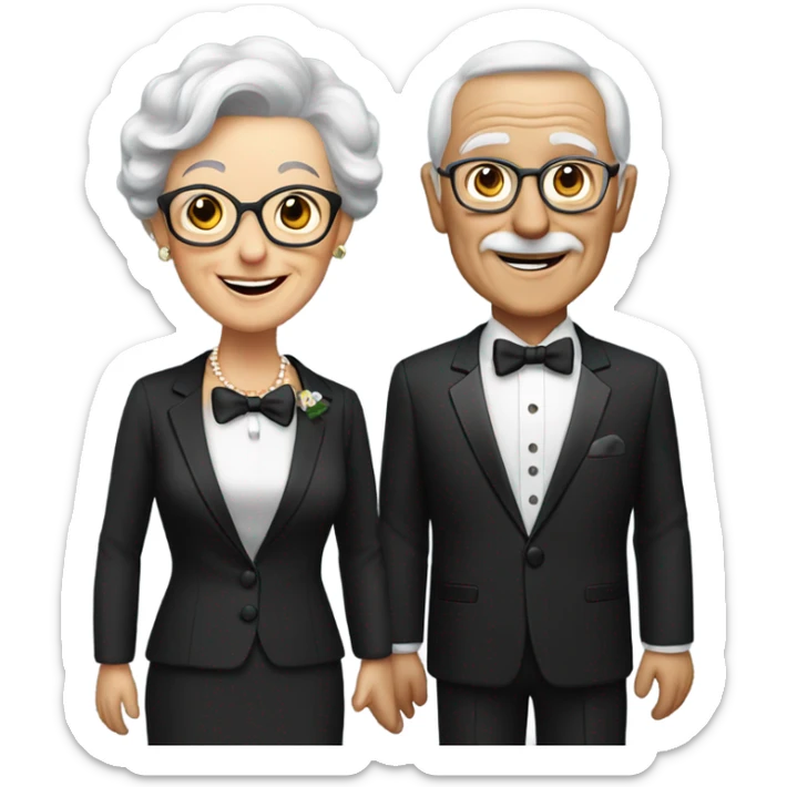 Elderly couple smiling in formal attire, tuxedo, brown hair sticker
