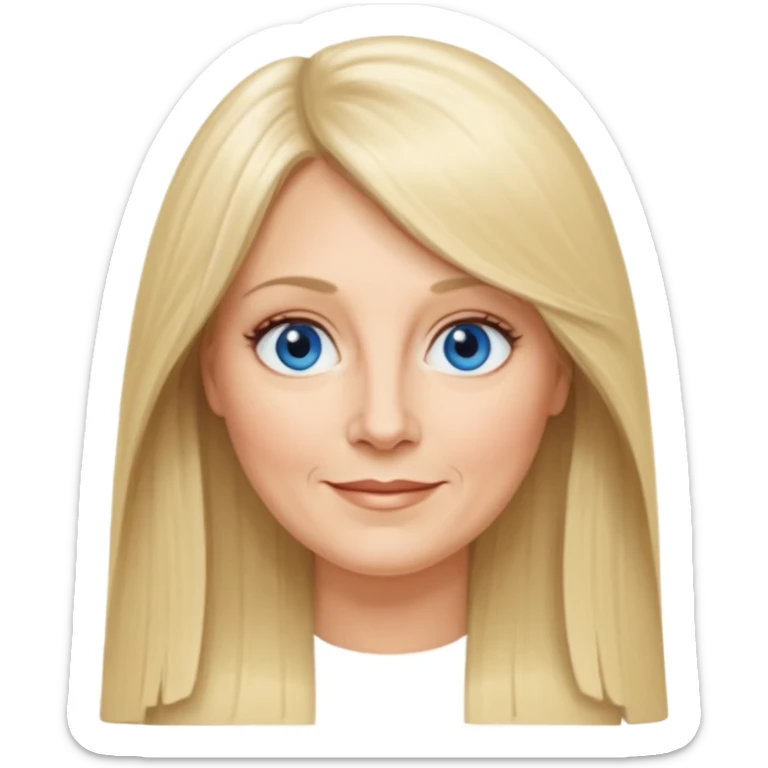 50 yr old white woman, curtain bangs, very long straight blond hair, oval face, small smile, blue eyes, thin face, hair downback, middle part round cheeks, pale, longer hair sticker