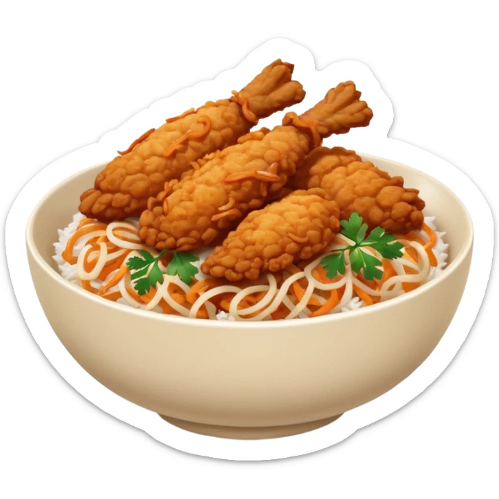 iOS-style minimal food emoji of a rice bowl with crispy fried chicken tenders, fried onions, sweet-and-sour sauce, and parsley garnish, smooth shapes, vibrant natural colors, clean vector-like rendering, transparent background. sticker