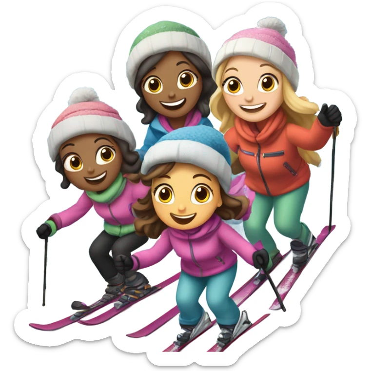 2 pairs of moms and daughters skiing down a mountain on Christmas. 1 daughter and Two of the moms are fair skinned and the other daughter is olive skinned  sticker