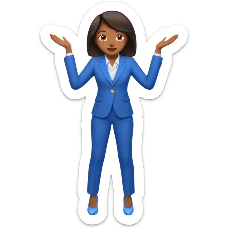 black woman in a blue smart suit and shoes, standing with hands by her side, cheerful expression, emoji style sticker