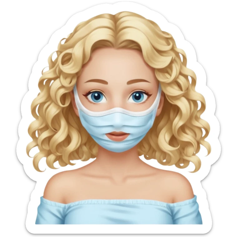 White girl- ocean blue eyes - beauty face mask massage -full care- blonde long curly hair  white off shoulder shirt sticker
