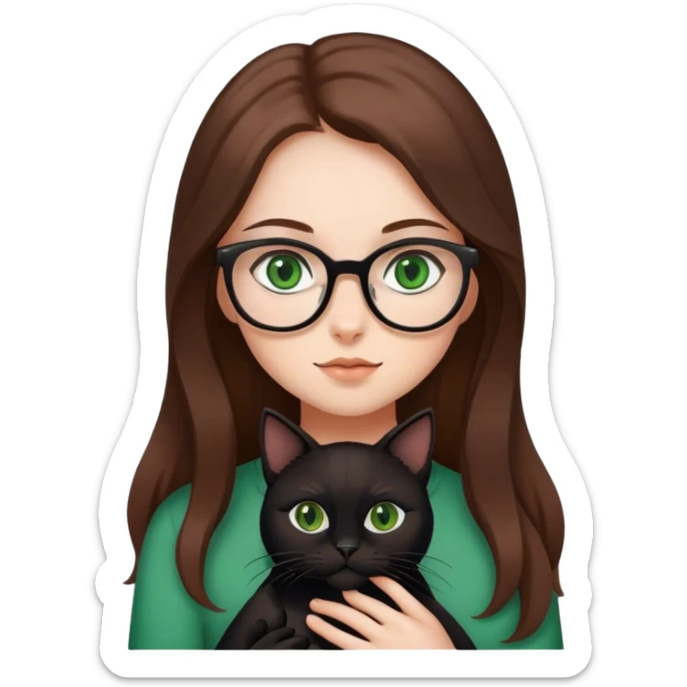 Girl with glasses and long brown hair and green eyes holding a black cat sticker