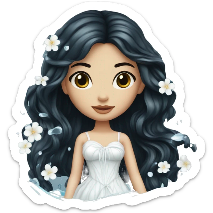 Pretty young Lady doll posing posed pose with long black hair flowers in hair white dress surrounded by flowing water water swirls waves sticker