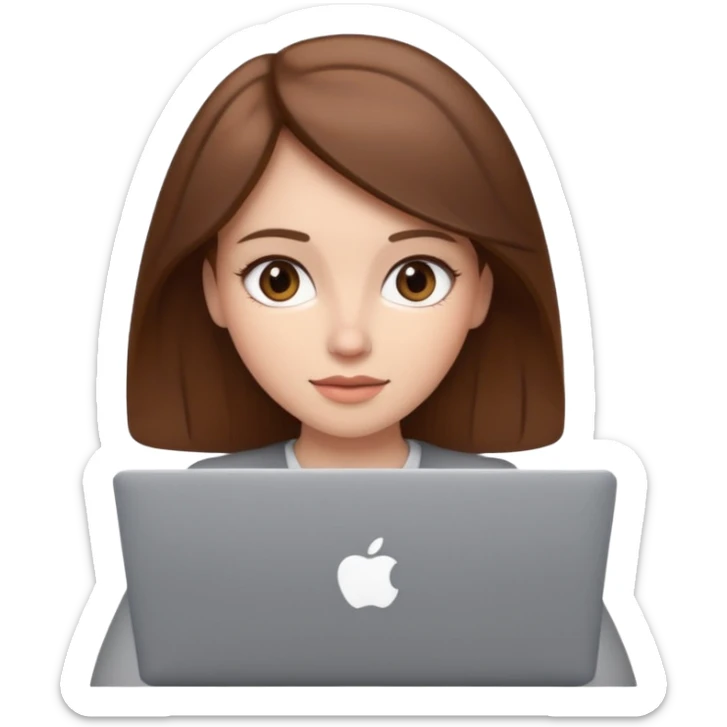memoji of a brown hair white skin female with a grey laptop in front, apple-style, modern sticker