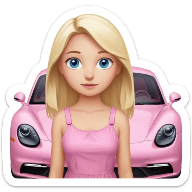 Blonde girl with blue eyes sitting infront of a pink porsche taycan sticker