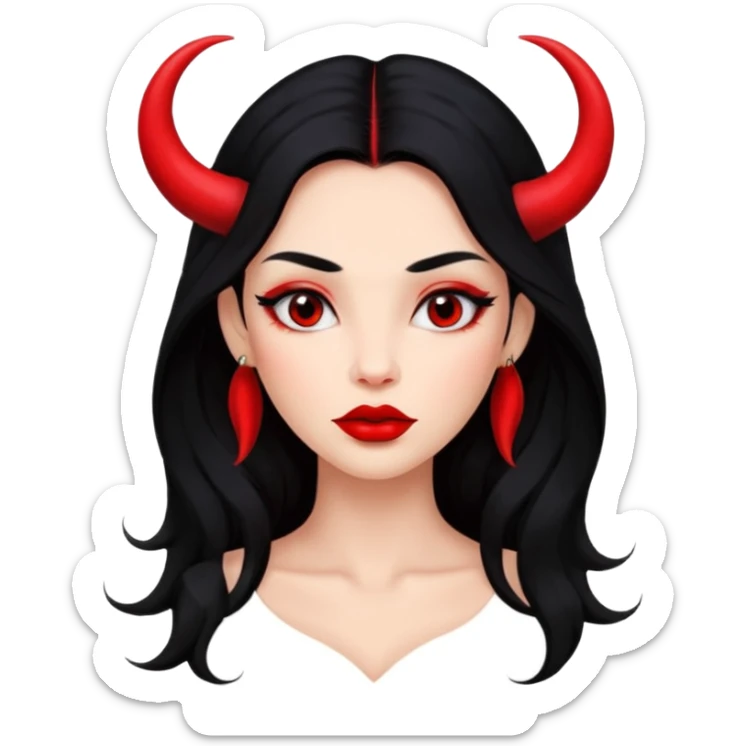 A girl's face with cheekbones, skin red, long black hair, small red horns, big lips sticker