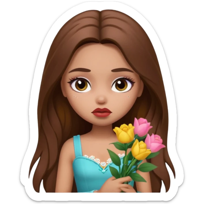 sad pretty bratz baddie, long brown hair holding flowers sticker