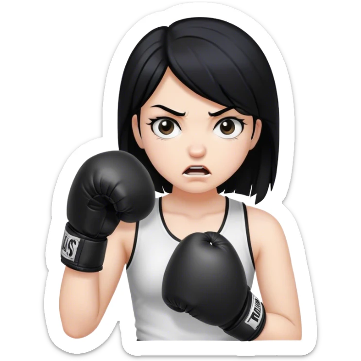 An angry balck hair/ white skin girl wearing balck boxing gloves  sticker