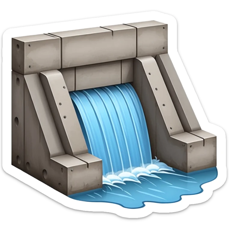 Emoji-style illustration of flood protection dam, flat vector look, bold outlines, minimal details, no background. sticker