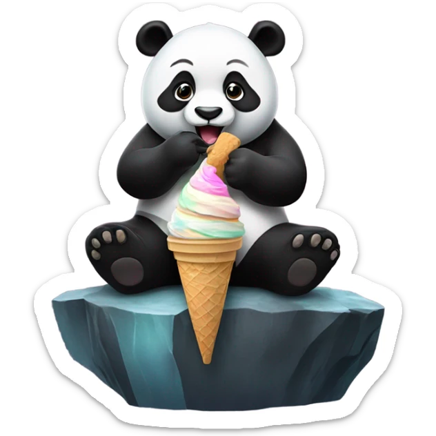 Panda eating ice cream sitting on a rock cliff in the middle of space sticker