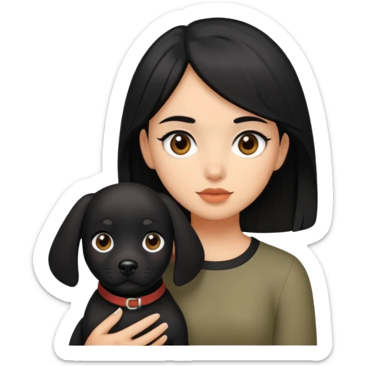 olive skinned brown eyed girl with black hair holding all black dog sticker