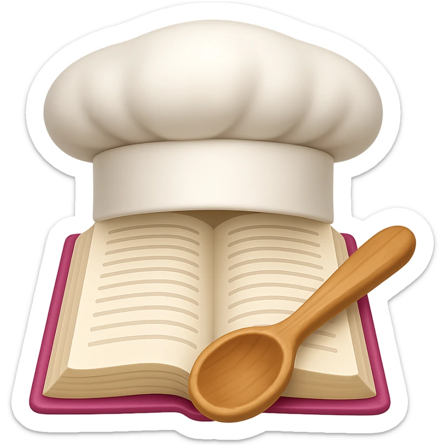 Create an emoji style image of a chef hat on top of a cookbook with a wooden spoon. The style should resemble apple style emojis with clear, concise details and vibrant colors. sticker