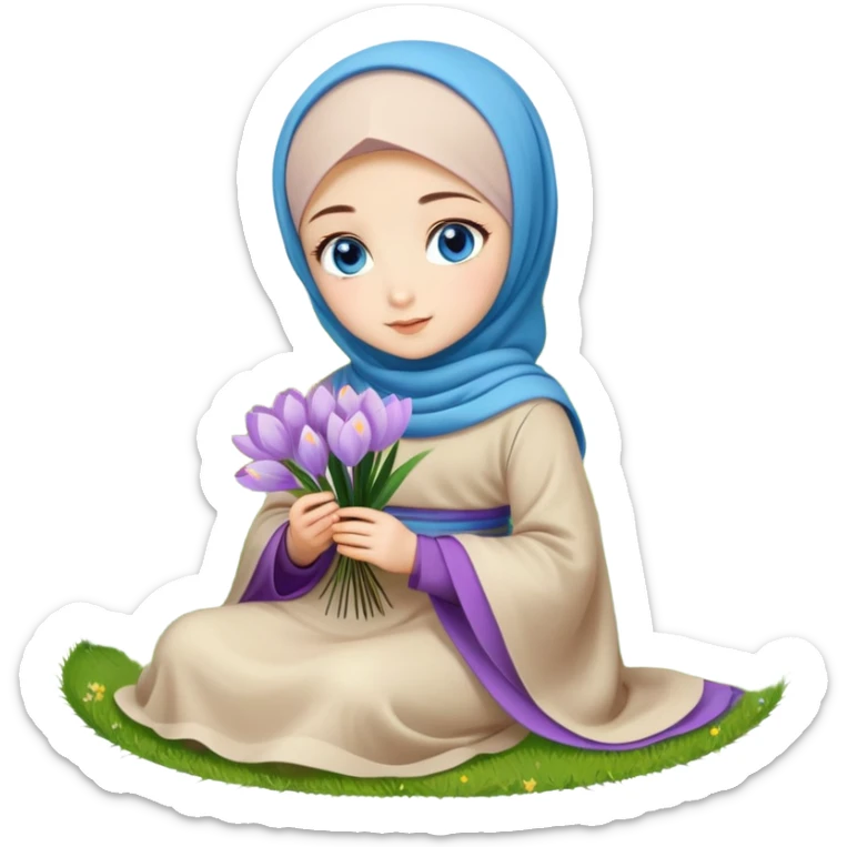 Turkish beautiful finish Konya girl blue eyes with crocus flower hijab long tail dress and sits on the grass on the ground and hold crocus flower on hand  sticker