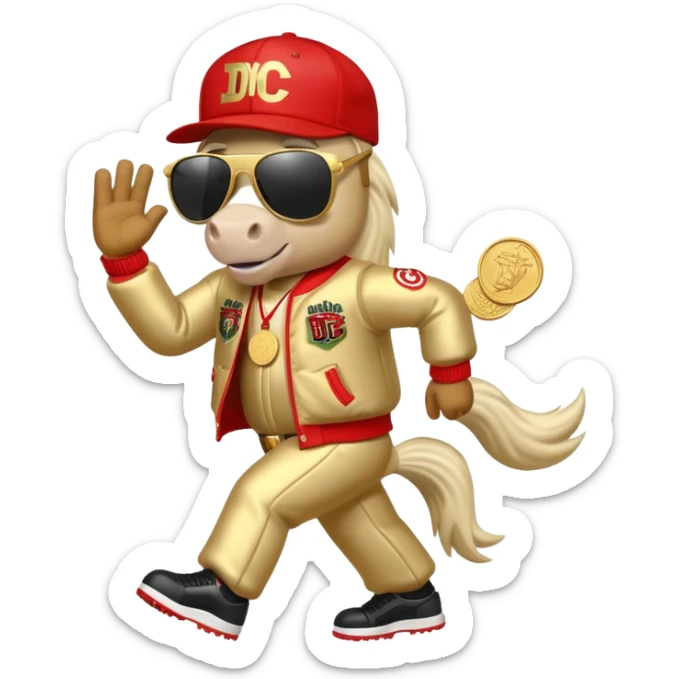 anthropomorphised horse dressed like a member of RUN DMC, hip-hop outfit, gold medal, baseball hat, sunglasses sticker