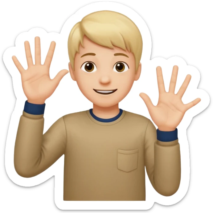 A boy who has his left hand say 6 and his right hand  7 and make the kid shrug and make him smile and white sticker