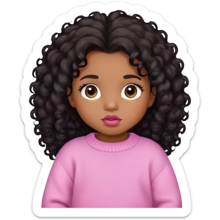 medium brown skin tone, very adorable toddler, with big plump lips, long long lashes, black curly long hair, brown eyes, pink sweater sticker