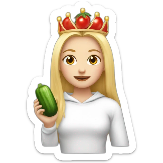 blonde girl  eating  cucumber and tomatoes with white hoodie iridescent and a crown princess sticker