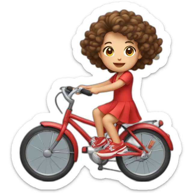 Taiwanese girl with lazy curly hair wearing red dress and keen shoes riding bicycle sticker