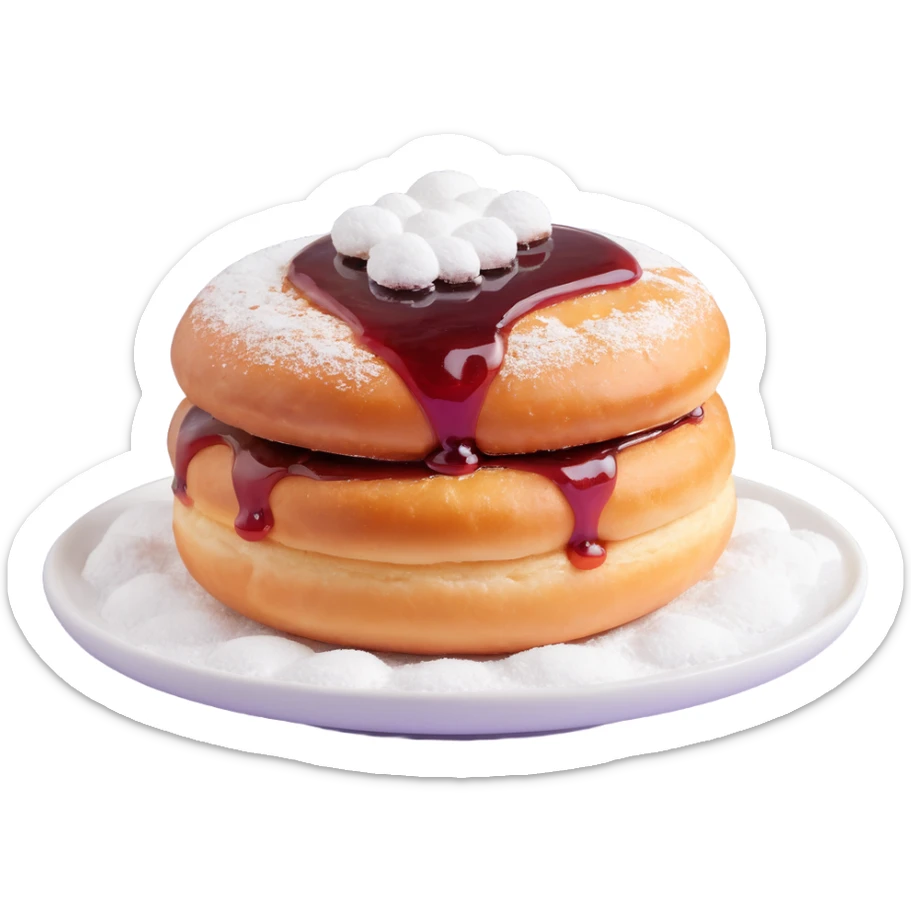 Berliner Krapfen, round, golden-brown, no hole, lots of powdered sugar, jam filling showing sticker