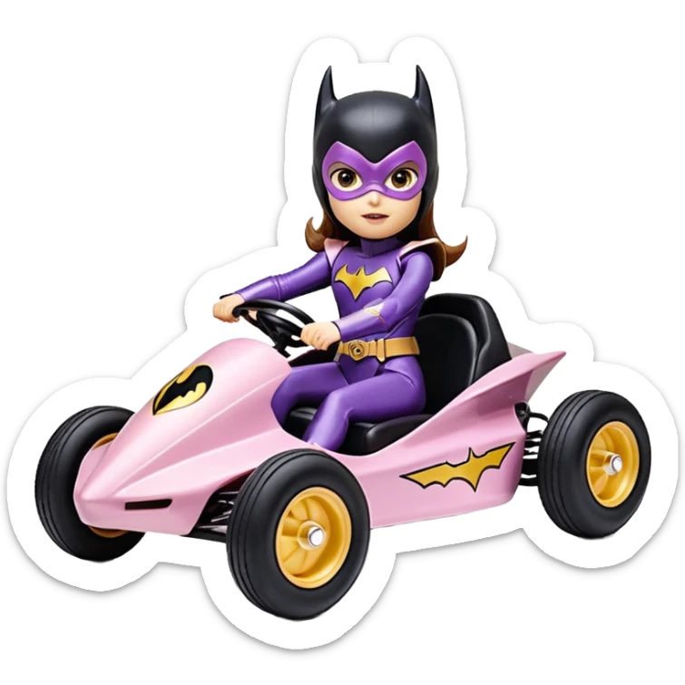Hot full size real-appearance retro electric racing action BatGirl’s feminine midnight-colored tight outfit sixty’s tv show 1992 stealthy retro sporty safe plush petite off-road pursuit cruiser car rose gold accents (black hair,reclined and relaxed torso seating position) go kart  sticker