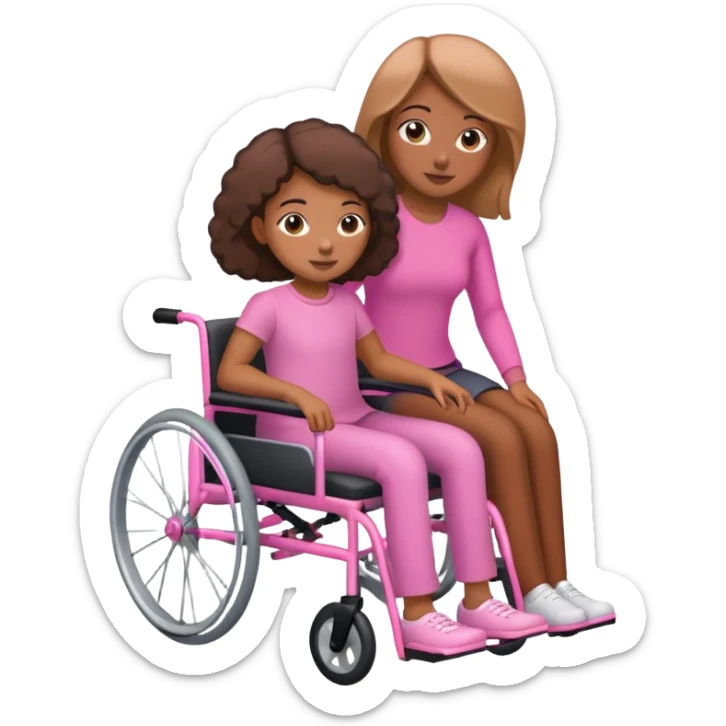 One tan skin sister pushing her brown skin sister in a pink wheelchair sticker