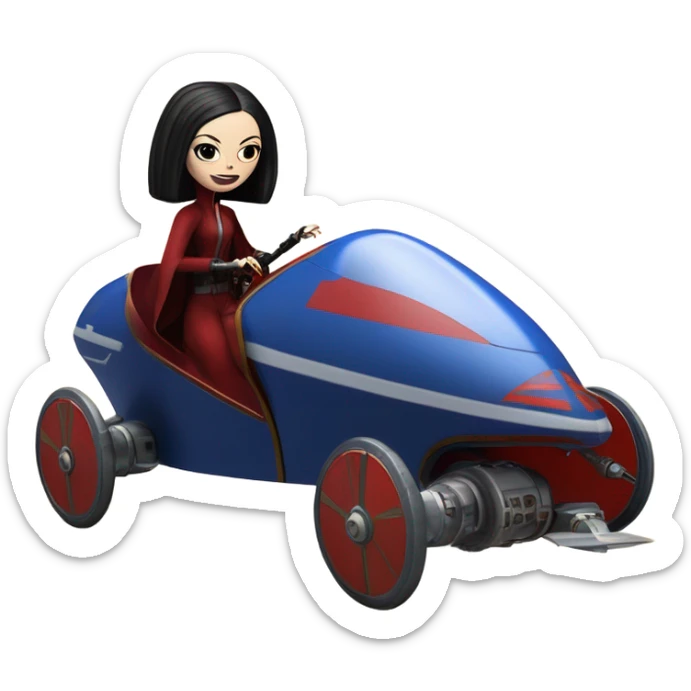 Jedi teen Morticia Addams flying a red and blue Zephyr-J Jumpspeeder anti-gravity repulsorlift powered by an imperial speeder steampunk  sticker