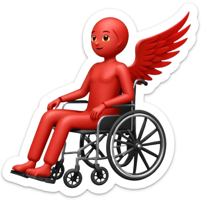 "Emoji of a stylized red figure in a wheelchair, the body forming a 'Z' shape, with a wing coming from the back, dynamic pose" sticker