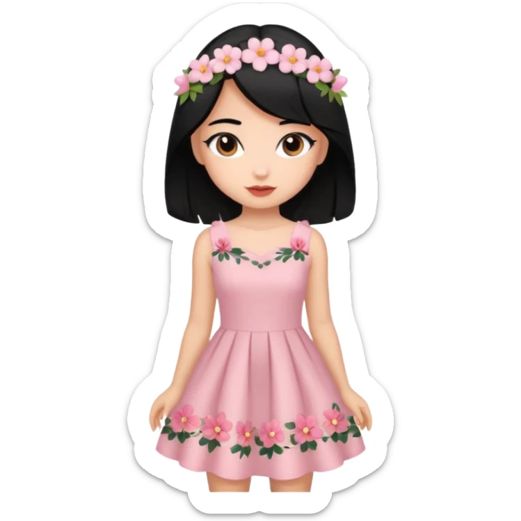 Pretty cute girl wearing a coquette dress, black hair with cute flowers, brown eyed sticker