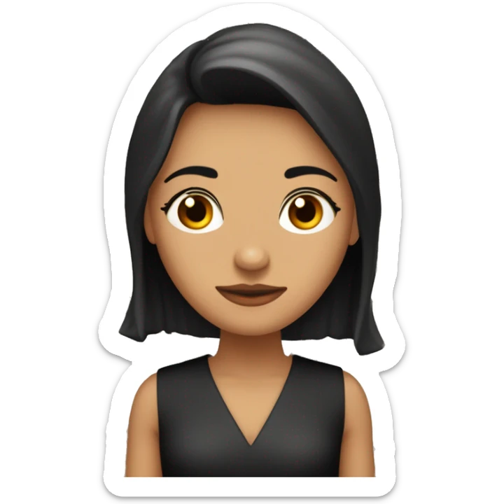 mujer trigueña oscura, cabello largo negro raya al medio ojos redondos medios achinados, cara ovalada, nariz despingada, contextura delgada ojos marron oscu sticker
