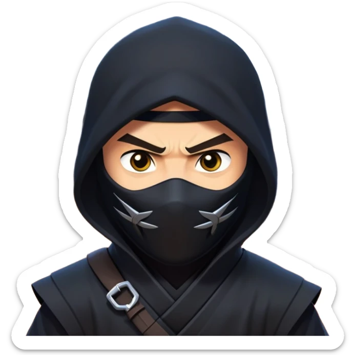 clash-of-clans-aesthetic_-cinematic-mysterious-male-ninja-portrait-emoji, rendered in a flat, vector-style with minimal shading and bold, simplified shapes, with a head slightly turned revealing intense, focused eyes, perched crouched next to an agile trained panther with glossy fur moving silently through shadowed urban rooftops and moonlit alleyways. sticker