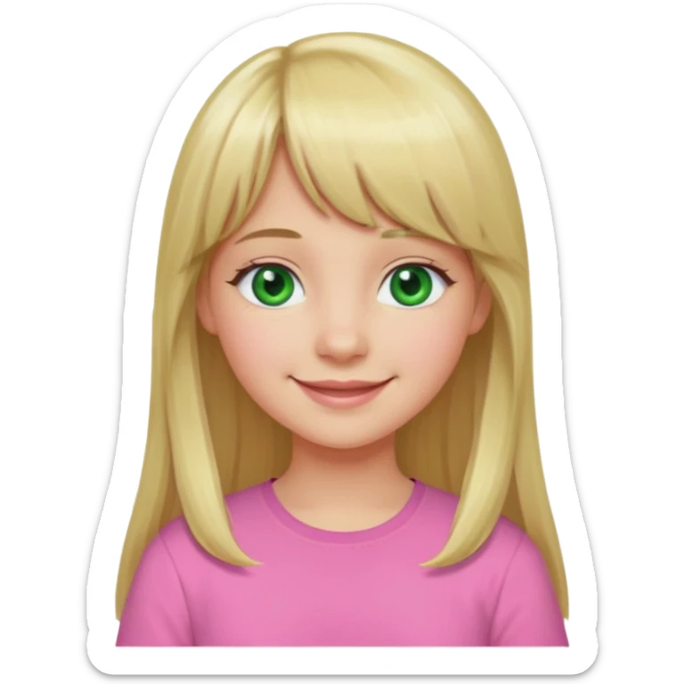 Menina branca de cabelo loiro longo de franja na testa sorrindo blusa rosa olho verde sticker