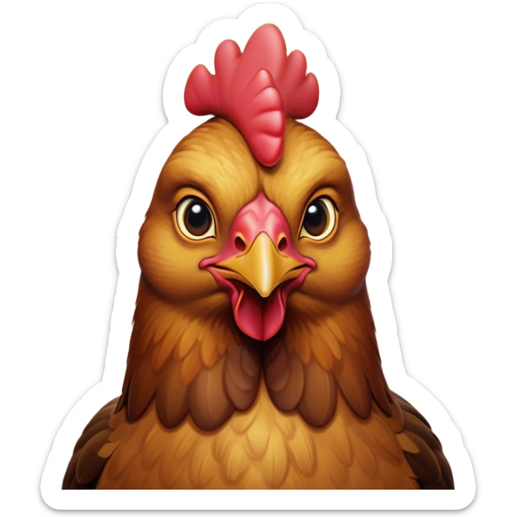 Cinematic Noble Brown Chicken Portrait Emoji, Poised and regal, with a compact, sturdy build and a warm, well-groomed brown plumage, deep-set soulful beady eyes, Simplified yet sharp and sophisticated features, highly detailed, glowing with a soft, dignified glow, high shine, intelligent and earthy, stylized with an air of rustic elegance, focused and attentive, soft glowing outline, capturing the essence of a watchful and confident fowl, so majestic it feels as though it could strut out of the screen with effortless authority! sticker