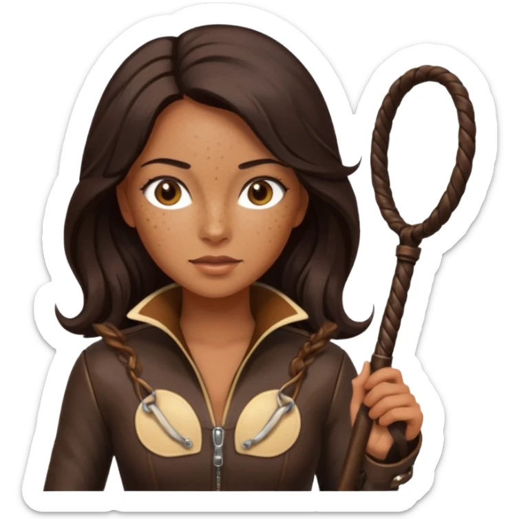 Tan skin with freckles, long dark hair, hazel eyes Dominatrix with whip sticker