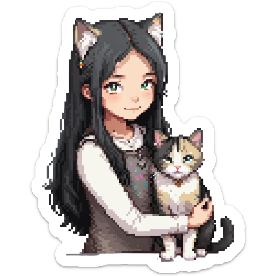 Beautiful girl with long black hair petting a gray and blonde mixed cat sticker