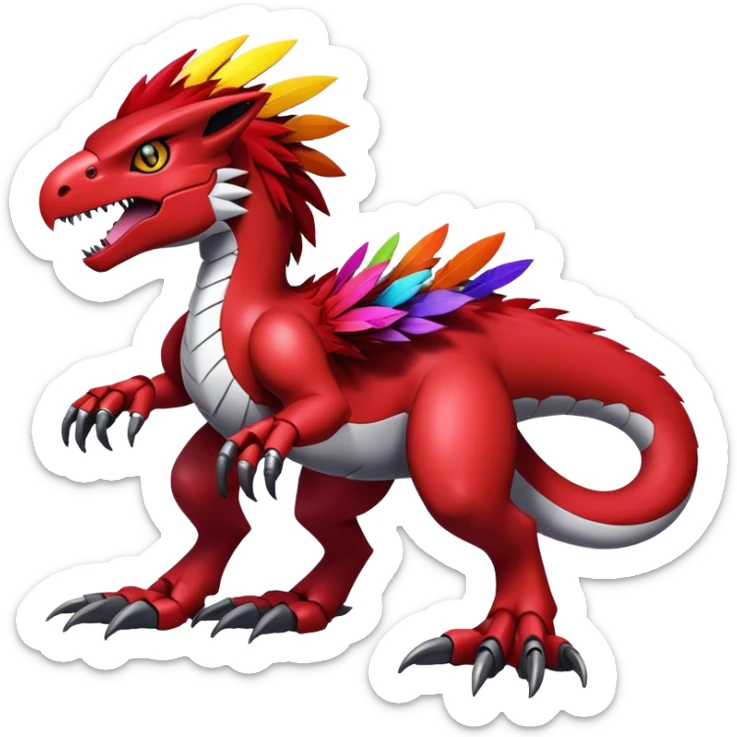 Dark-red Furry feather-mane Cool Edgy Futuristic shiny colorful Digimon-Fakemon-Guilmon-Velociraptor-Mecha full body   sticker